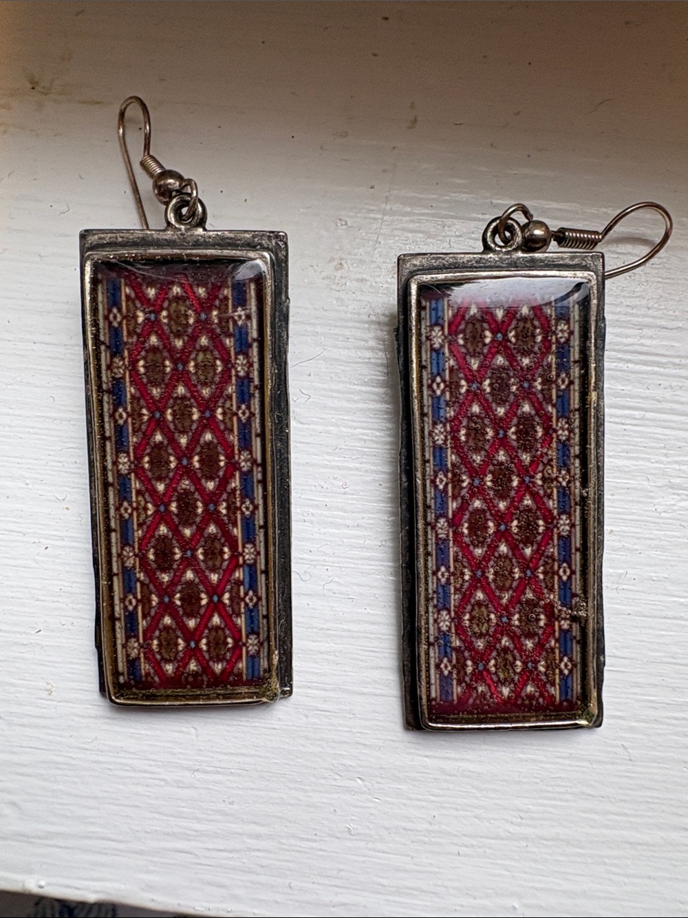 Rectangular Patterned Drop Earrings in Deep Red and Blue